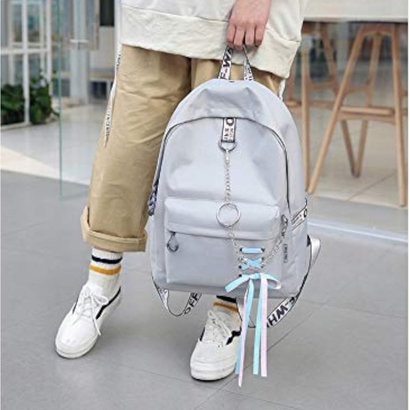 Chic Kawaii Light Gray Backpack with Chain and Ribbon Accents - Picture 13 of 13